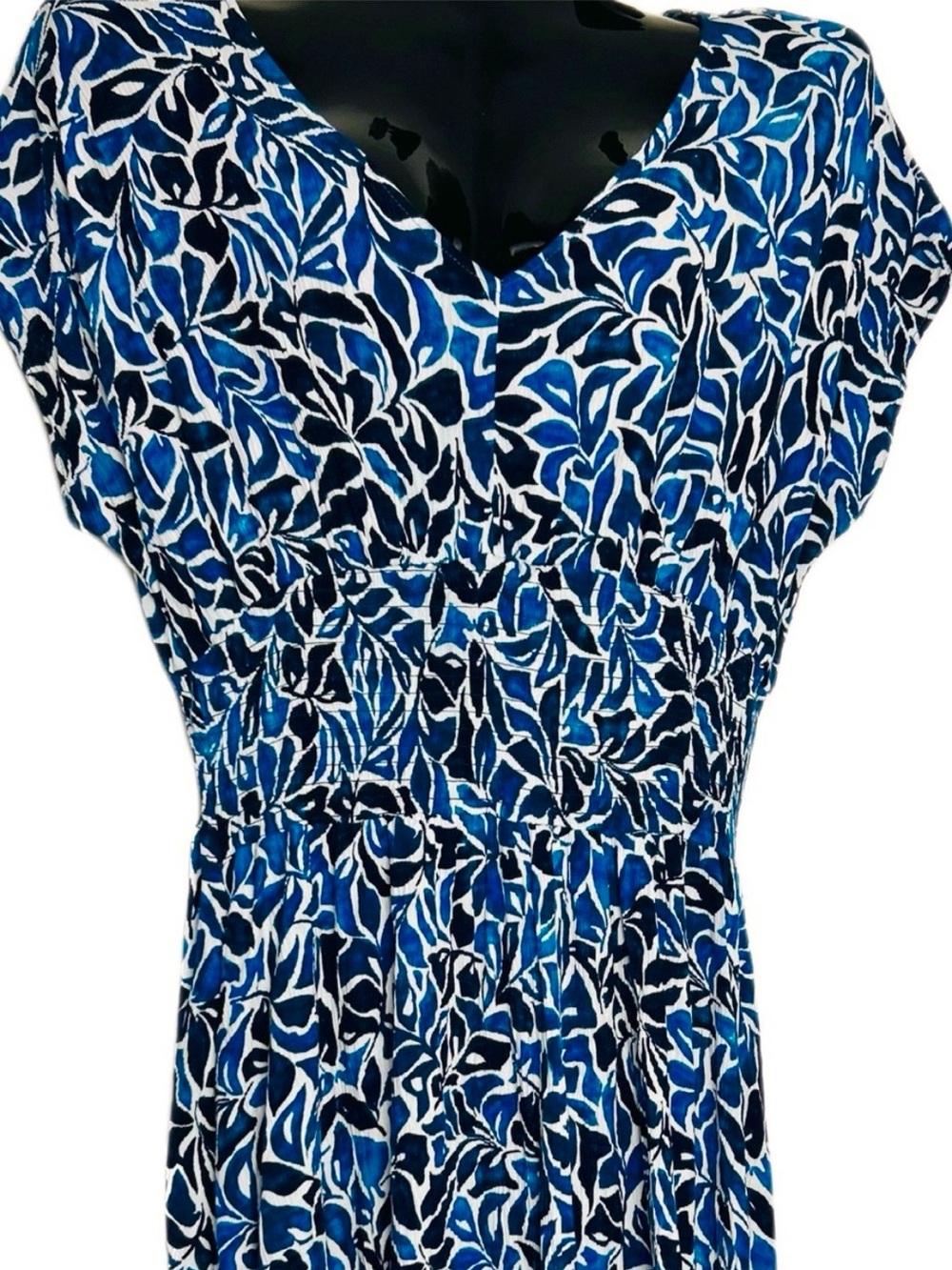 Blue Floral Print Women's Dress - Elegant V-Neck - Picture 9 of 14